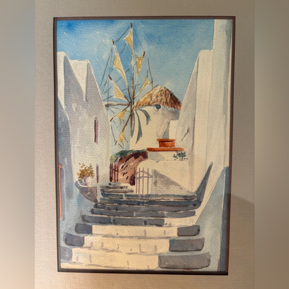 George Papadoperakis Mediterranean Street Scene Watercolor